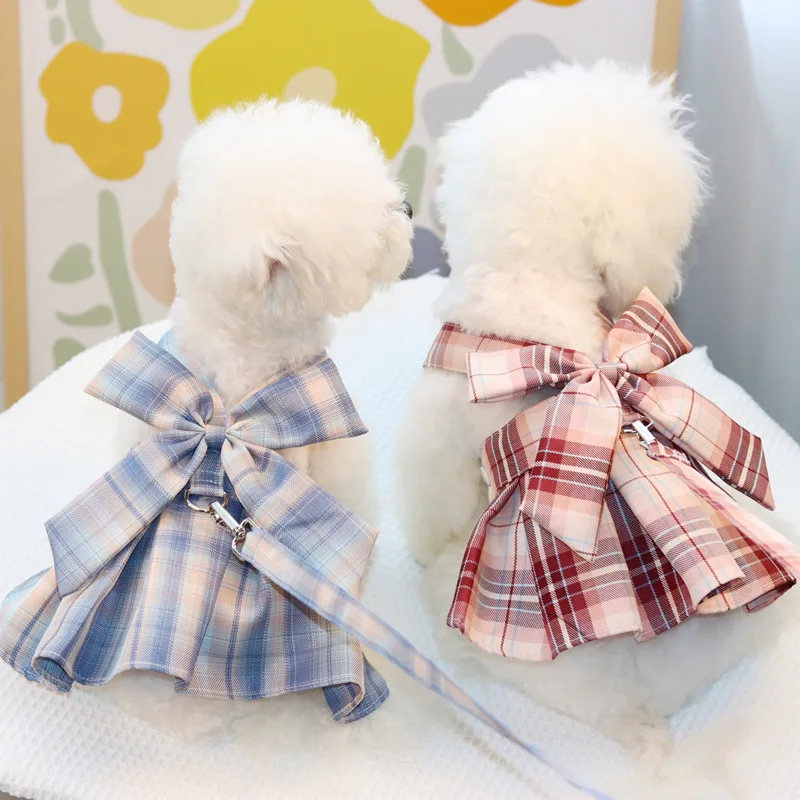 Dog Dress Cute Bow Harness With Rope Small Dogs Pet Accessories Cat Puppy Items Chihuahua Maltese Collar Supplies Lead Things