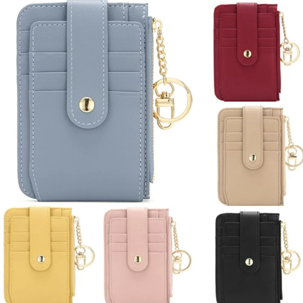 

2022 New Women Men Zipper Credit Card Holder PU Leather Small Wallets Short Coin Purses With Keychain Card Cover Money Bag Clips
