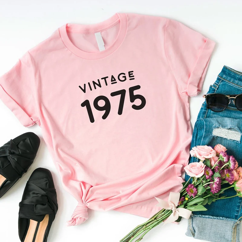 

Vintage 1975 T-Shirt Women 47 Years Old 47th Birthday Gift Girls Mom Wife Daughter Party Top Tshirt Cotton Streetwear Tee Shirt