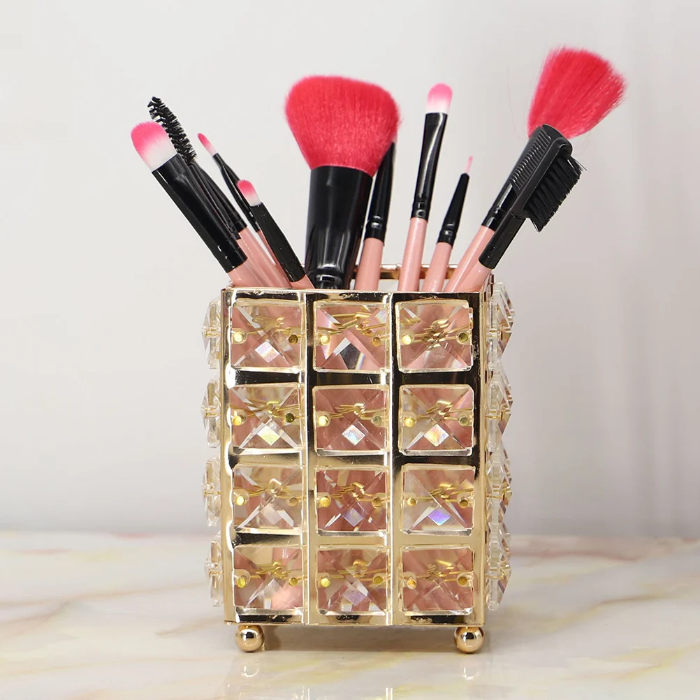

Crystal Pen Holder Comb Makeup Brush Pot Storage Container Desktop Square Organizer Ornaments (Golden)