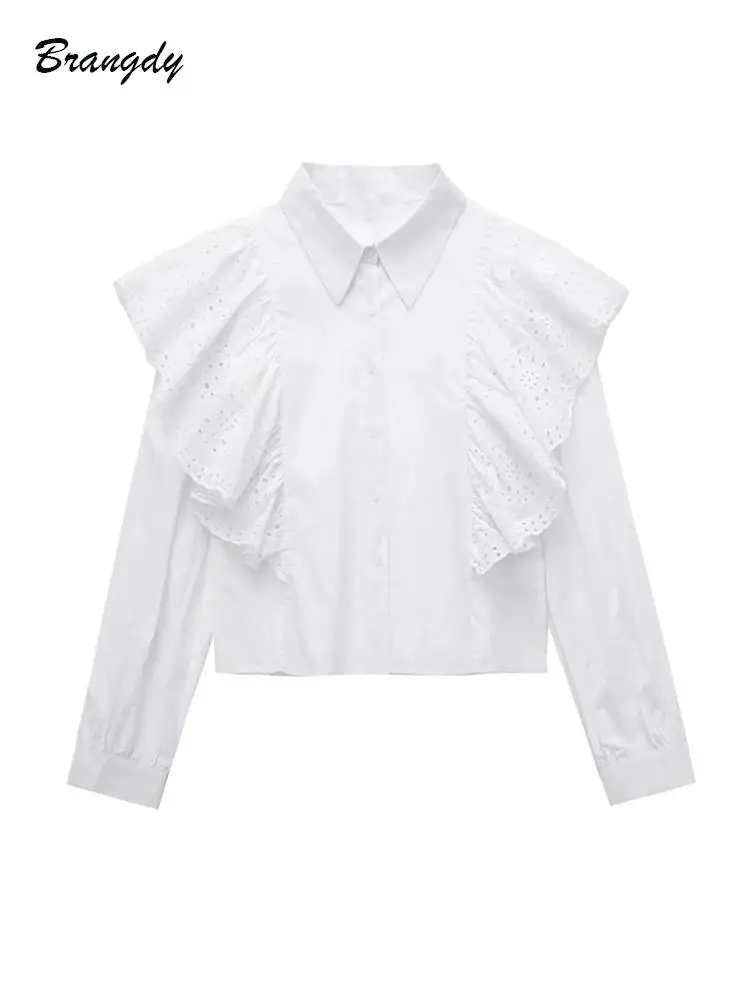 

Blouses For Women Fashion 2022 Traf Lotus Leaf Collar Solid White Blouse Hollow Out Shirt Korean Fashion Clothing Blusas Tops
