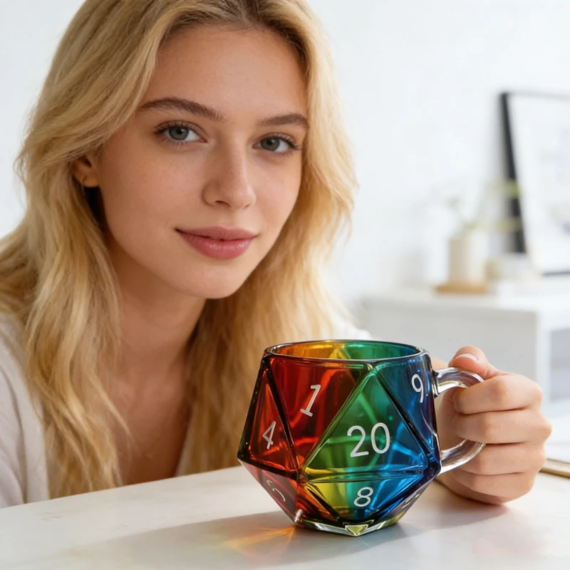 Кружка-игральная кость D20 «Радуга» из стекла — посуда с дизайном 20-гранных граней, оригинальная кофейная кружка, идеально подходит для фанатов D&D и геймеров (art.: 3920d91bca488) - 3920d91bca488