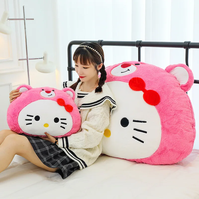 

Sanrio Cartoon Accessories Hello Kitty Round Plush Big Cat Head Strawberry Bear Pillow Children Toy Stuffed Anime Animals Decor