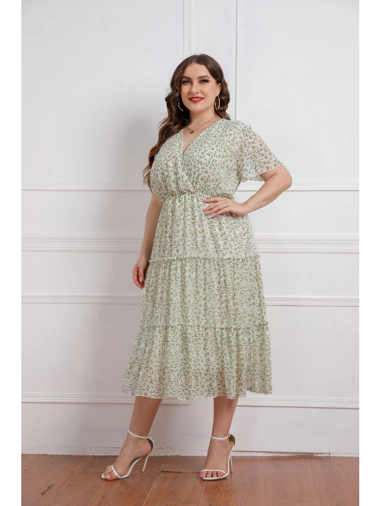 Large Women's Summer New Fat Sister V-neck Fragmented Flower Short Sleeve Chiffon Dress plus size dresses