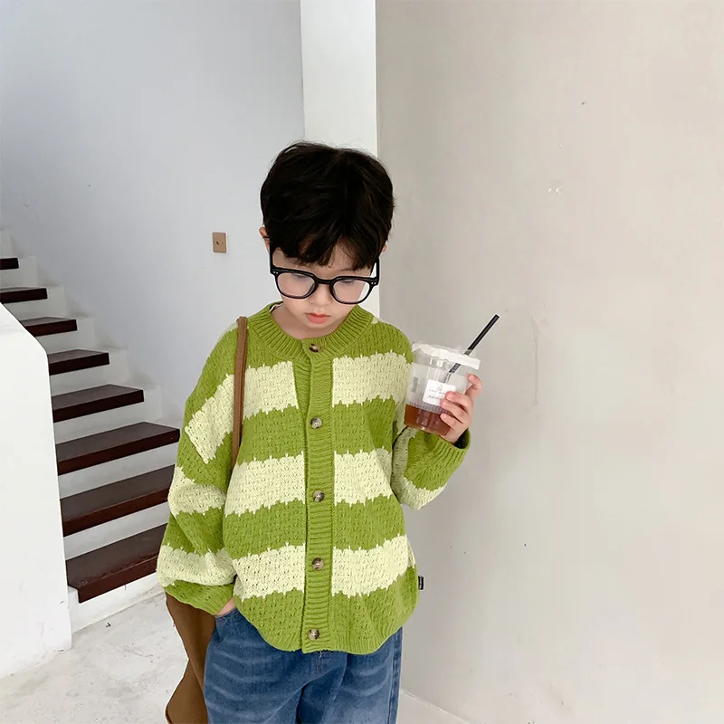 

Кардиган Полосатый осенний однобортный свитер для мальчиков и девочек Модный трикотажный контрастный цвет