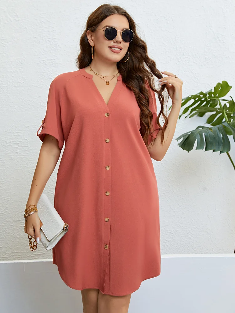 Summer V-neck button-down loose dress plus size  party dress  v neck dress