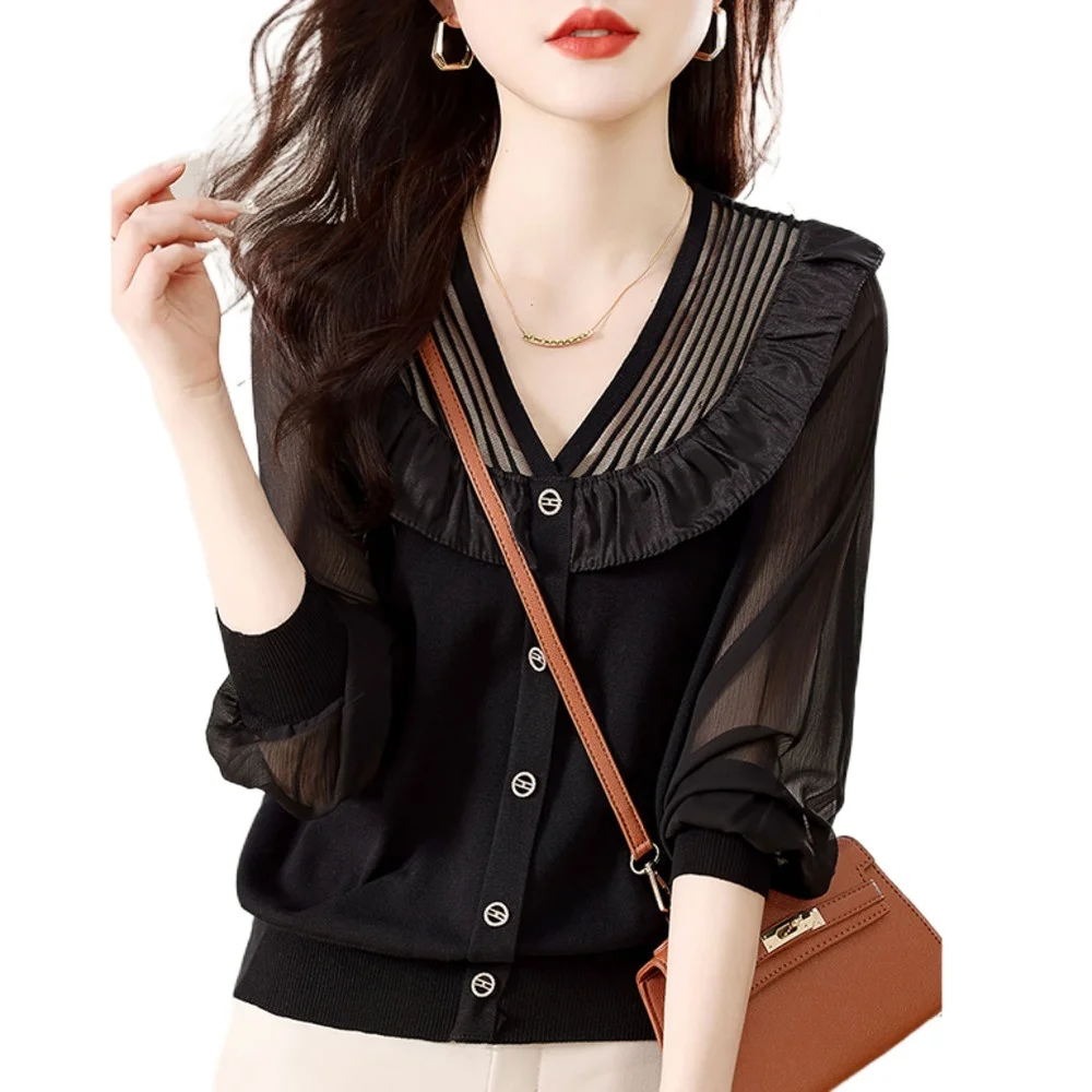 

2646 sweet cardigan spring new reducing age ruffle V-neck jacket