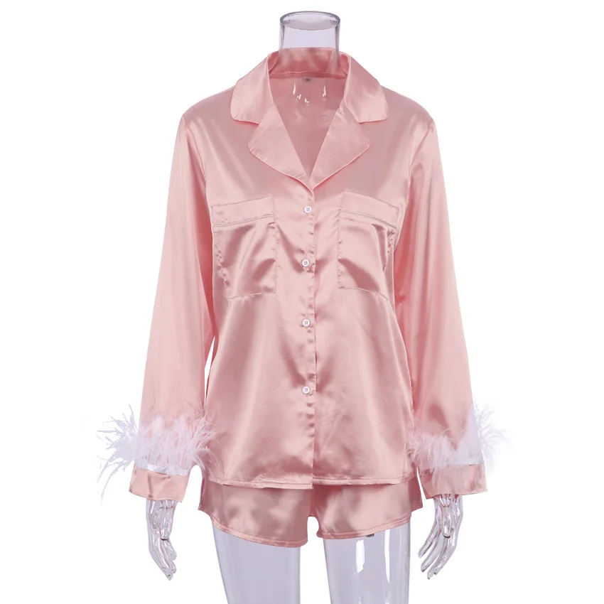Women Stain Pajama Sets Elegant Silk Like Long Sleeve Cuff with Feather & Shorts Nightwear Sleepwear Ladies Homewear Loungewear