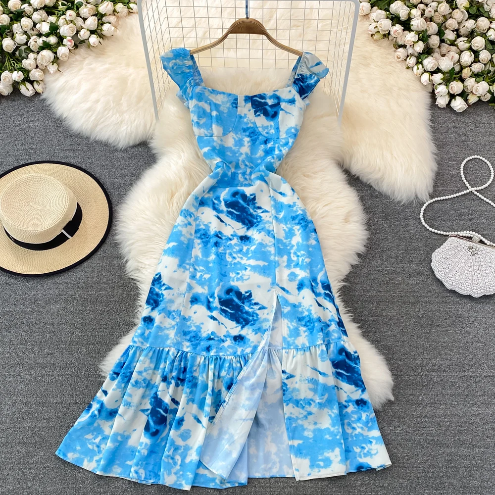 

Summer Vacation Beach Dress High Waist Suspender Dress Super FAIRY FASHION Tie Dye Print Medium Long Split Fishtail Dress