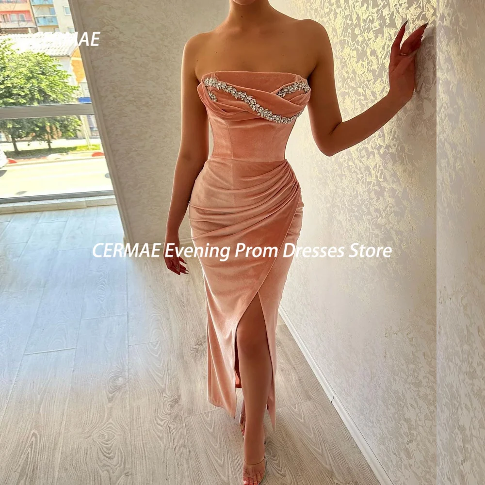 

CERMAE Satin Mermaid Strapless Sequins Ruffle Prom Gown Ankle-Length Evening Formal Elegant Party Dress for Women 2023