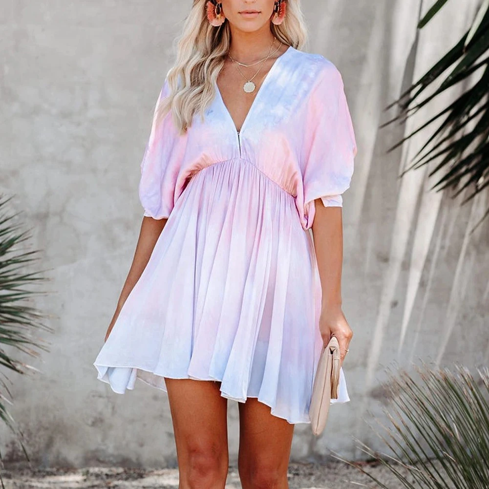 

Woman Dress Tie Dye Short Dress Deep V Neck Zip Short Dolman Sleeves Short Dress Summer Streetwear dresses For Women 2023
