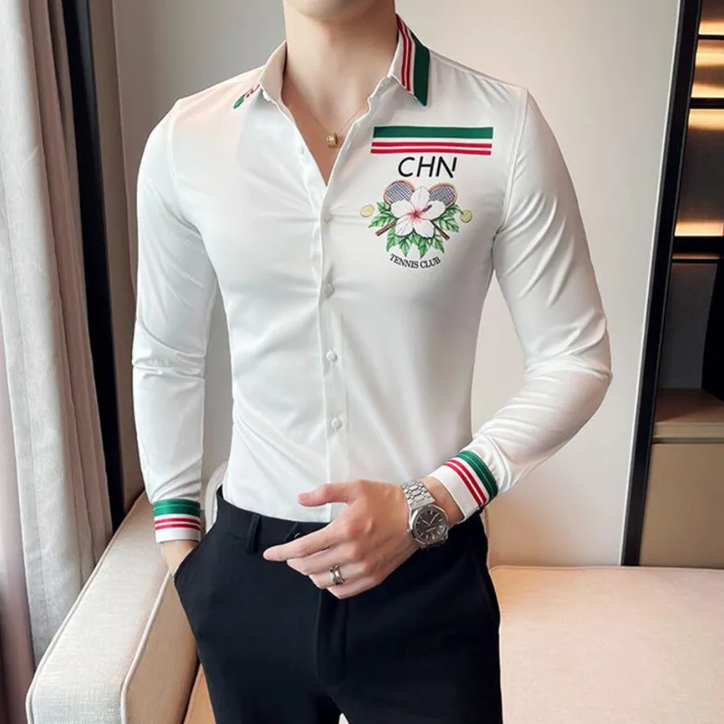 

Luxury Long Sleeve Mens Baroque Shirts Dress Autumn Party Prom Wear Slim Fit Male Brand Clothing Striped Print Casual Shirt Men