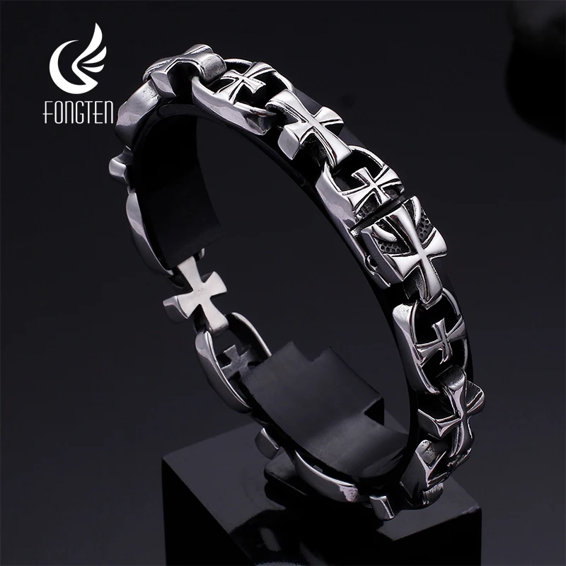 

Fongten Cross Link Chain Men Bracelet Stainless Steel Vintage Square Bracelets Fashion Jewelry
