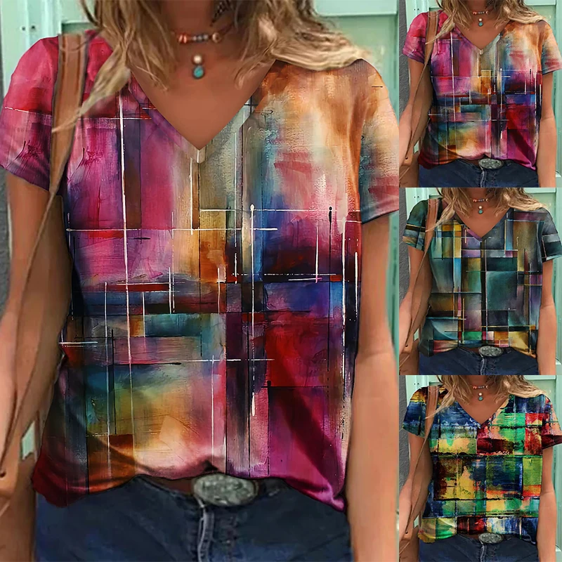 

2022 Summer Women's Abstract Painting T Shirt Tie Dye Print V Neck Basic Tops Fational Casual Daily Streetwear New