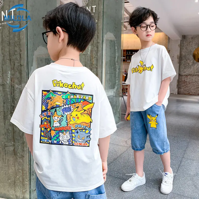 Pokemon Pikachu Children T-Shirts Summer Boys Gilrs Fashion Outdoor Cartoon Printing Comfortable T Shirts for 3-14Years Kids