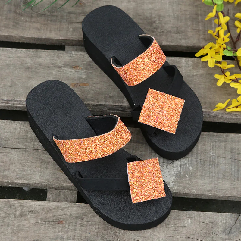 

Summer Thick Bottom Sequins One Word Beach Slippers Women's Personality Wedge Heel Herringbone Sandals and Slippers Women