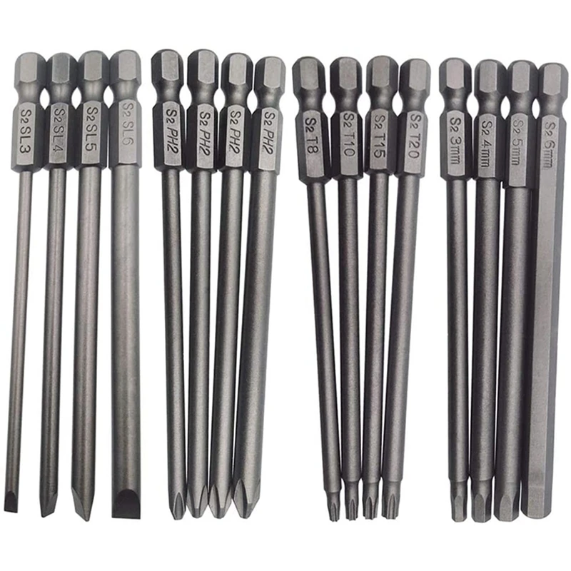 

HLZS-32Pcs набор длинных магнитных насадок для отверток, Набор насадок для дрели с шлицем + крестом + шестигранником + звездообразным шлицем, 1/4 дюйма, шестигранный хвостовик, длина 100 мм