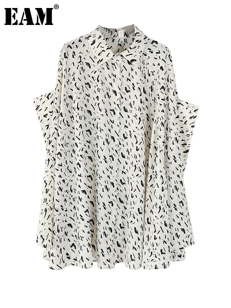 

[EAM] Women White Pattern Printed Big Size Blouse New Lapel Half Sleeve Loose Fit Shirt Fashion Tide Spring Summer 2022 1DE9758