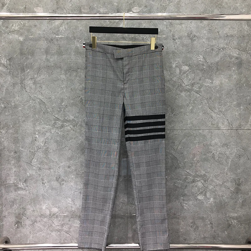 TB THOM Trouser Autunm Men's Pant Fshion Brand Suit Pants Black And White Wool Prince Of Wales 4-Bar Stripe Formal Trousers