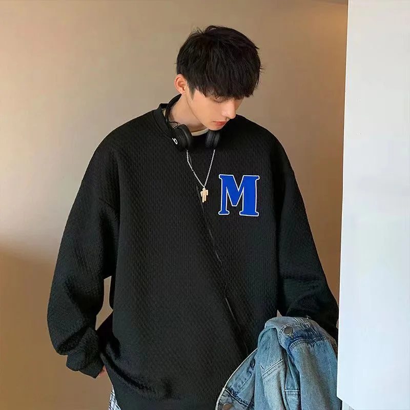 

Waffle O-neck Long Sleeve Oversized Sweatshirt Men Autumn Hoodies Harajuku Casual Tops Streetwear Preppy Student for Teens Shirt