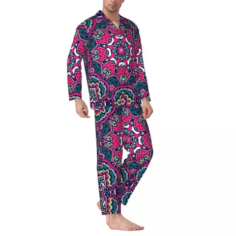 Пижамный комплект в ретро стиле с принтом в богемном стиле, осенняя модная домашняя одежда для сна с розовой мандалой, Повседневная Ночная рубашка в стиле унисекс из 2 предметов большого размера, подарок