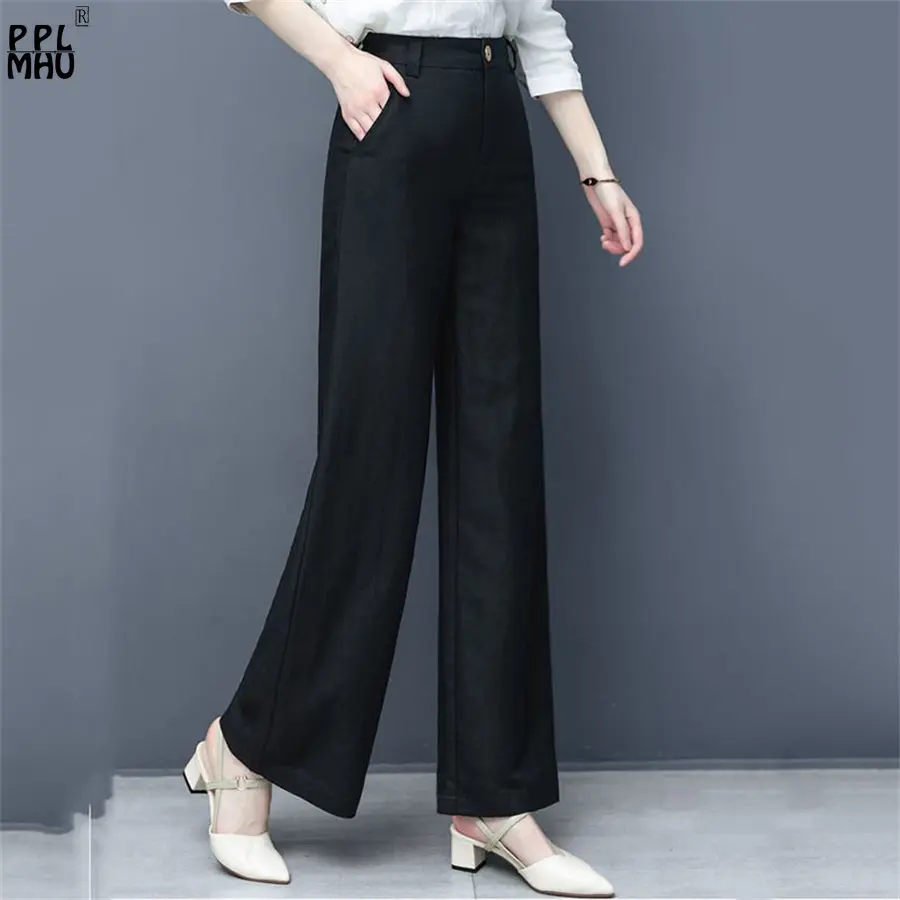 Oversize Loose Wide Leg Pantalones Korean High Waist Casual Classic Trousers Baggy Women Cotton Linen Basic Capris Straight Pant