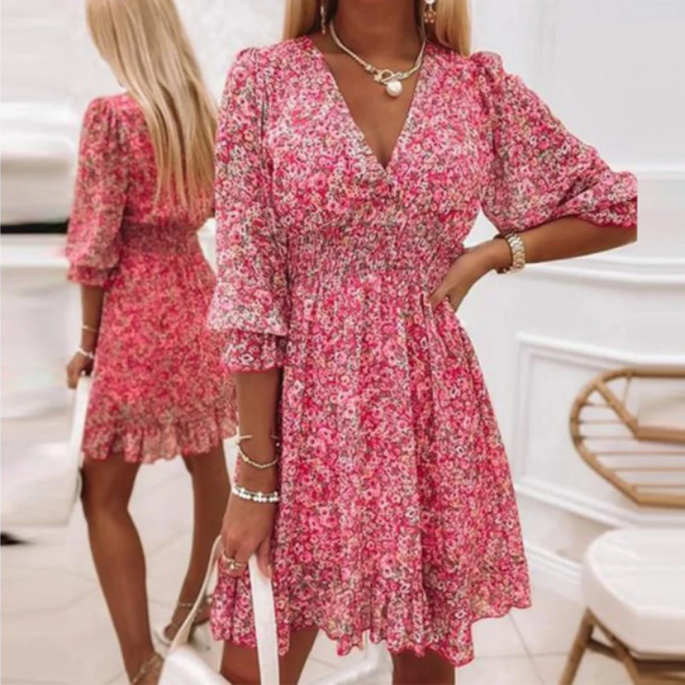 

Women Elegant Mini Dress Vintage Floral Printed Lantern Sleeve V-neck Short Dress Summer Casual Vacation Party Dress Vestidos