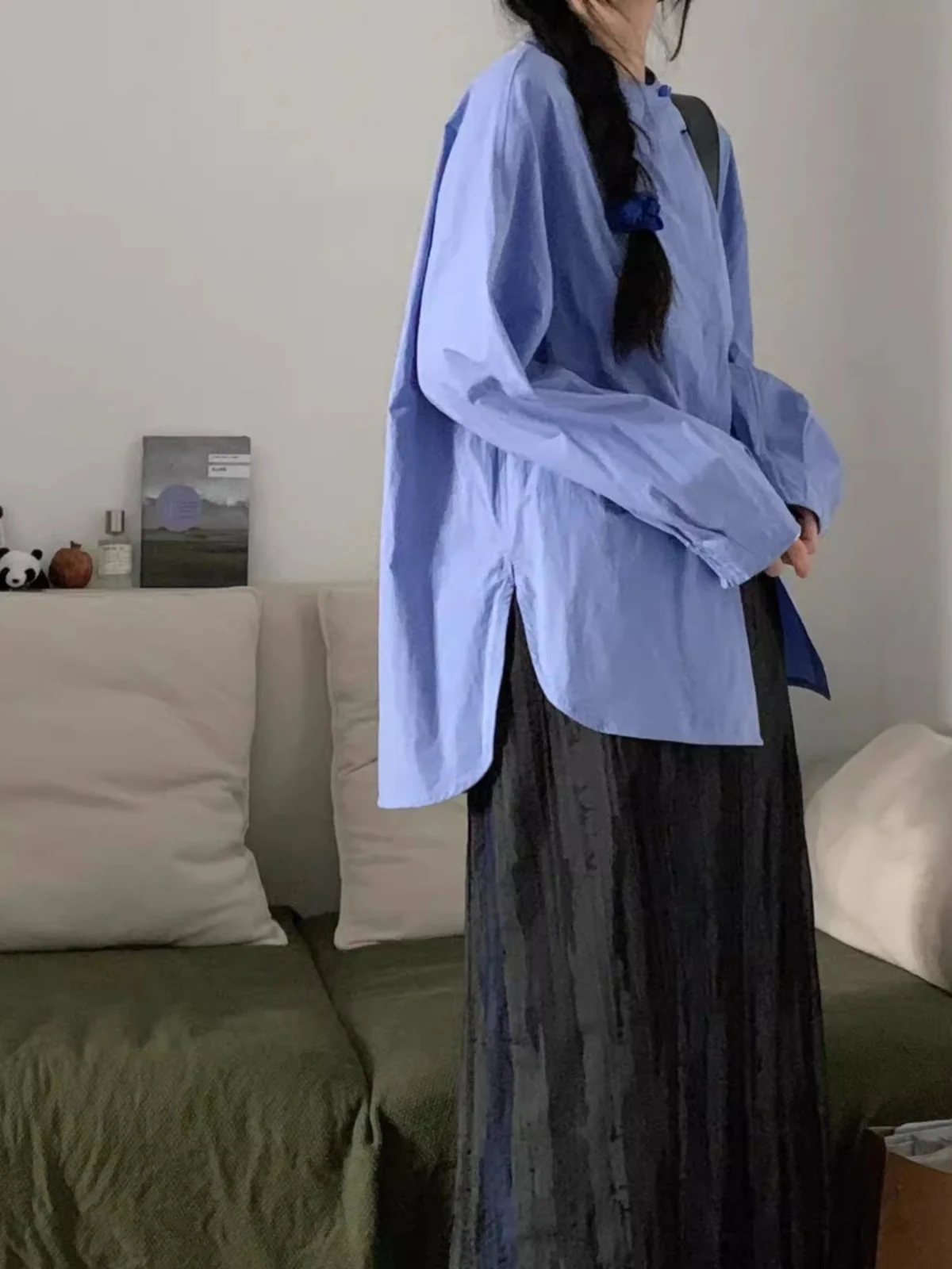 Новинка 2024 синие рубашки в стиле ретро со скрытой пряжкой и воротником-стойкой