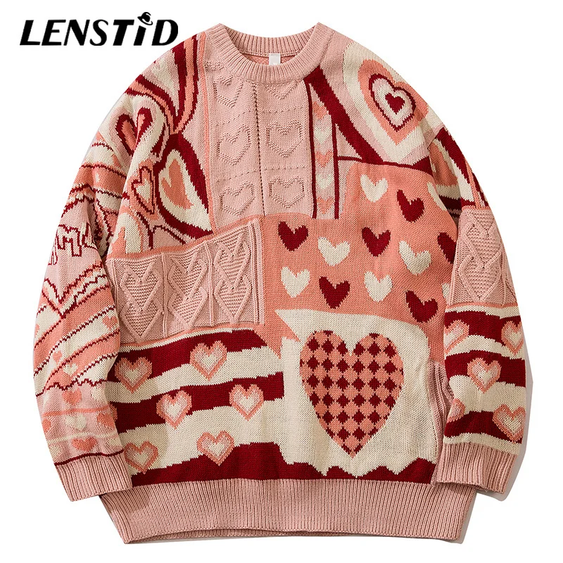 

LENSTID Men ip op Knitted Jumper Sweaters eart Color Block Knitwear Streetwear arajuku Autumn Loose Casual Pullover Clotin