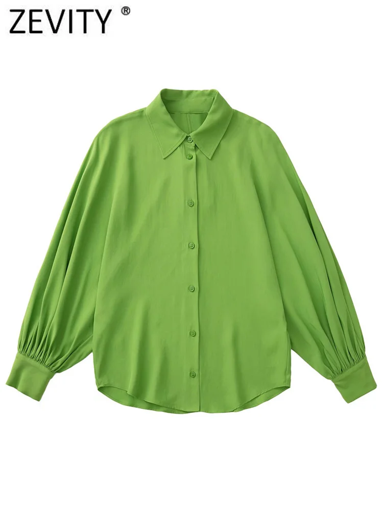 

Zevity Women Fashion Lantern Sleeve Loose Smock Blouse Office Lady Single Breasted Shirt Chic Business Blusas Tops LS10234