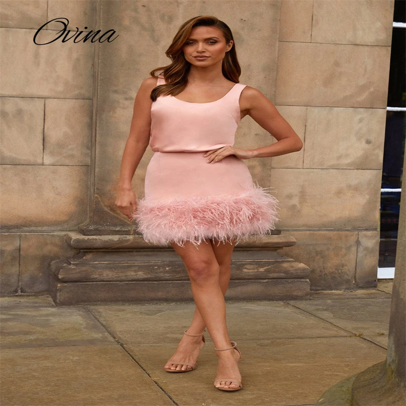 

Pink Women's Casual Two Piece Party Top Skirt Sexy Tank Fashion Feather Design Short Mini Dress Set 20222 New Trend