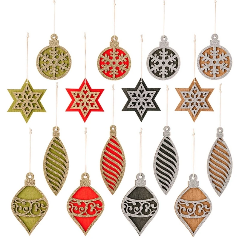 

16pcs Wood Christmas Tree Pendants Ornaments for Home Xmas New Year Party Decor