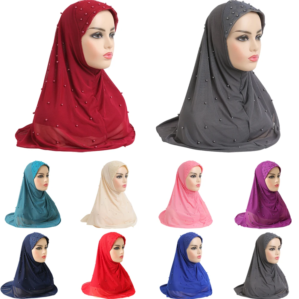 

One Piece Amira Beads Instant Hijab Women Muslim Mesh Shawls Wrap Turban Islamic Headscarf Pull On Ready Made Niqab Khimar Cap