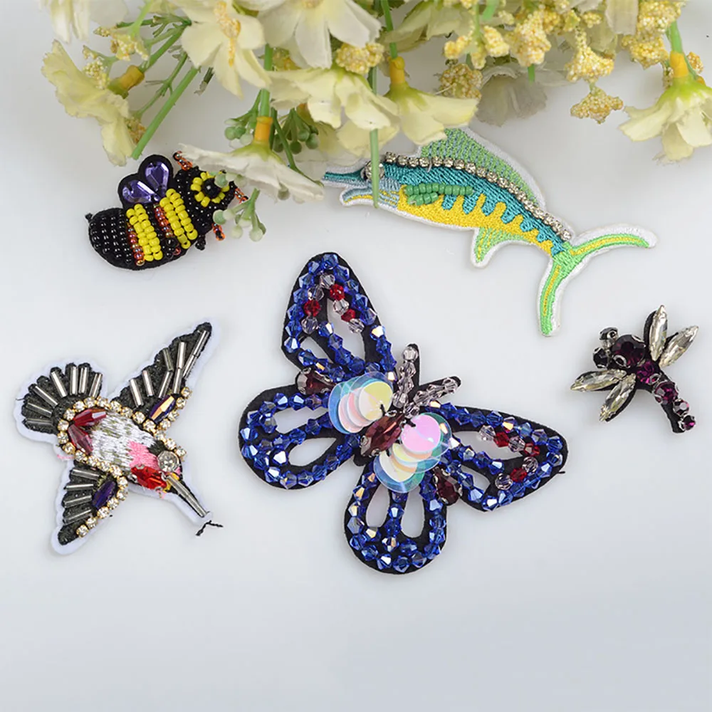 

5PC Handmade Rhinestone Bee Beaded Patch Sew on Patches for Clothes Beading Applique Cute Beaded Decorative Butterfly Sewing