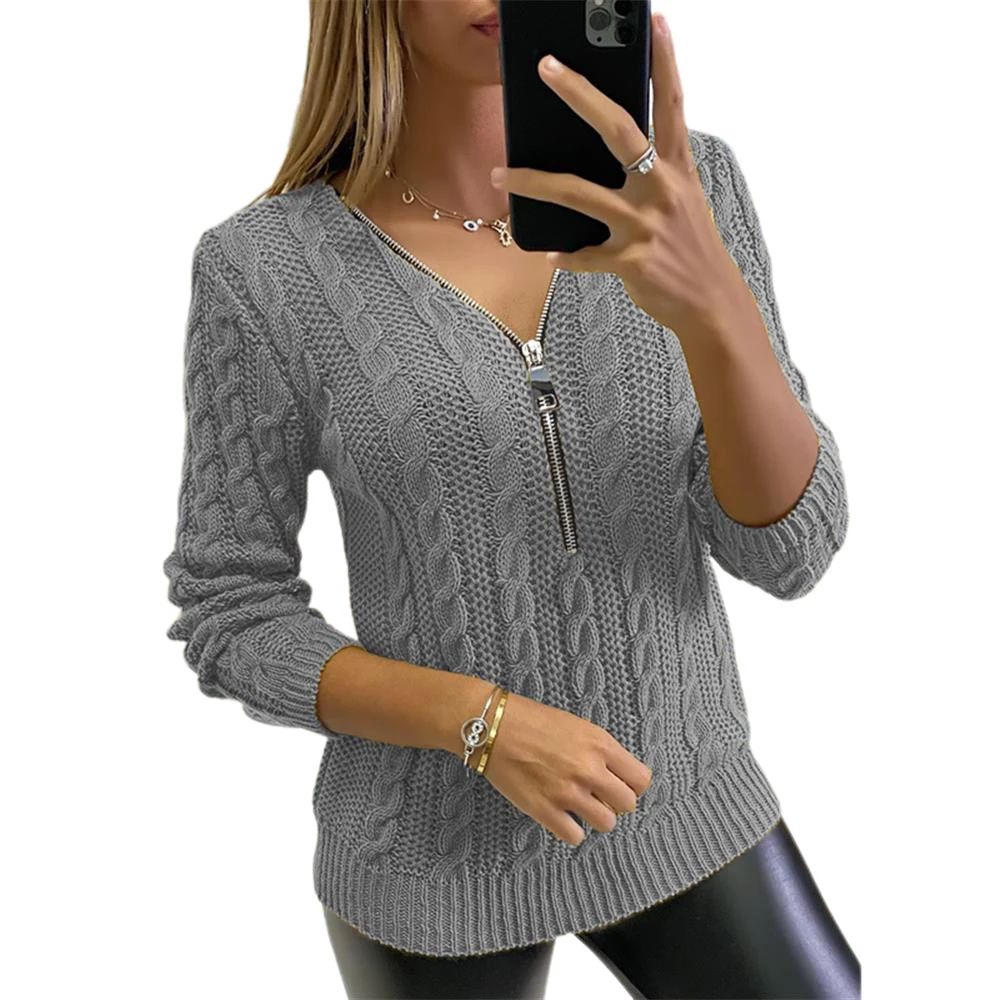 

Новинка 2022, вязаный свитер с V-образным вырезом и длинным рукавом, на молнии