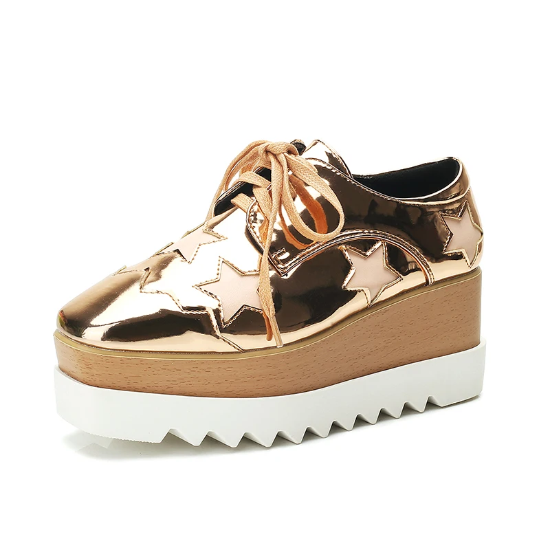 2021 Star Platform Shoes Lace-up High-heeled Square Toe Wedge Women Casual British Style Heighten Leather Winter Plush Sneakers
