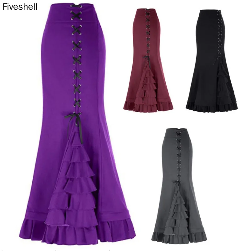 2022 Women's Gothic Vintage Victorian Steampunk Lace-Up Tiered Ruffled Fishtail Mermaid Maxi Skirt