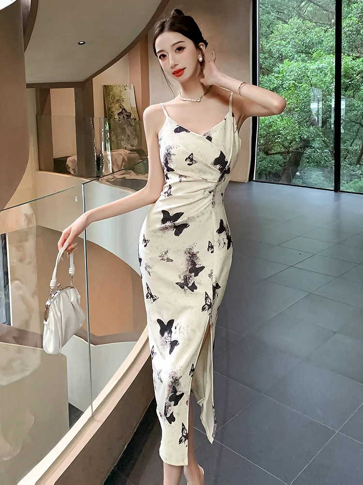 Женское платье с разрезом во французском ретро-стиле облегающая юбка на бретелях