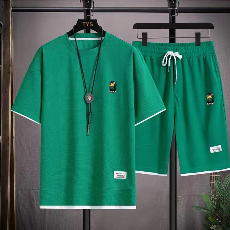 Summer men's embroidery set Fashion men's short sleeved T-shirt+sports shorts set Men's casual jogging sports set