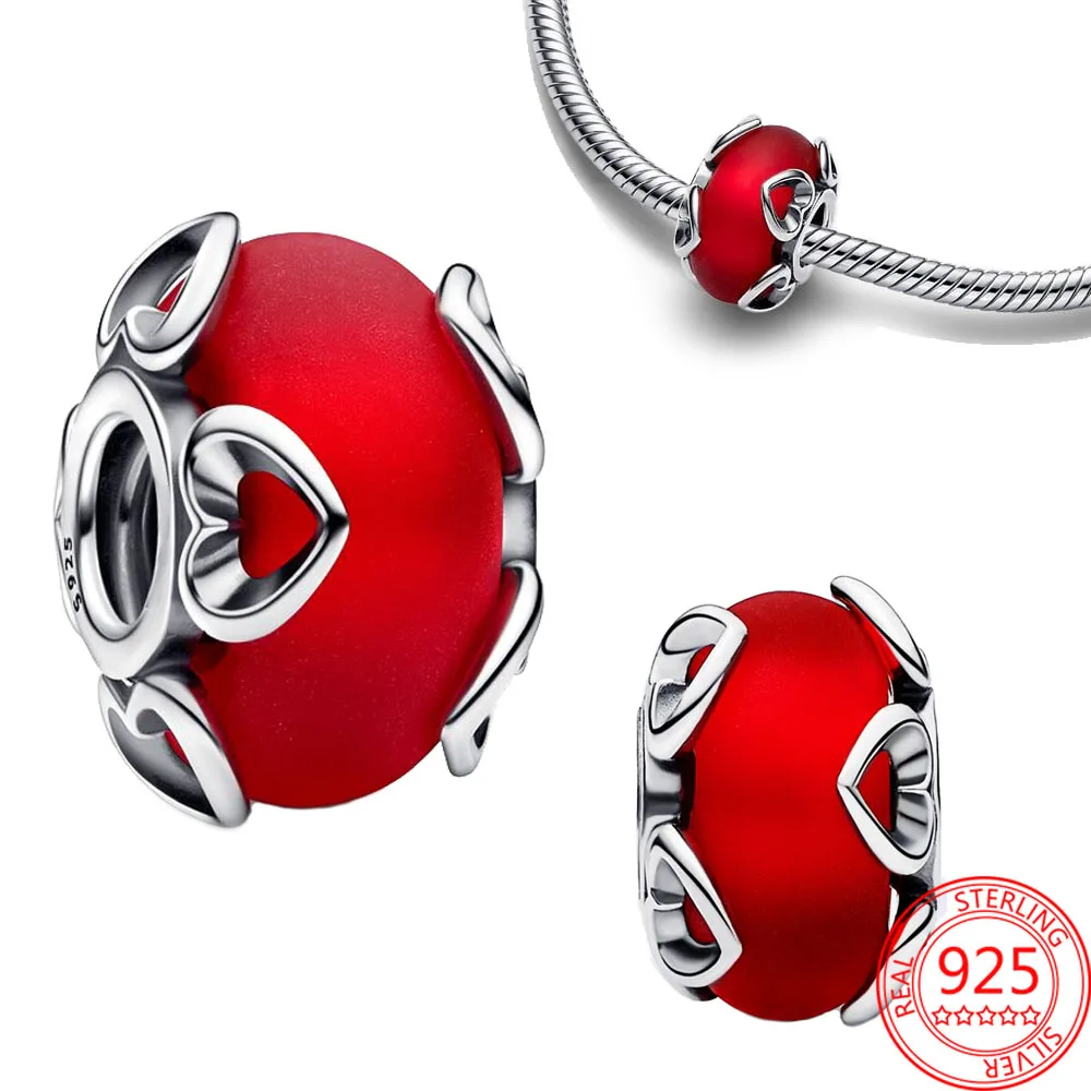 

Authentic S925 Silver Frosted Red Murano Glass & Hearts Charm Fit Pandora Bracelet & Bangle DIY Women Jewelry Gift Making