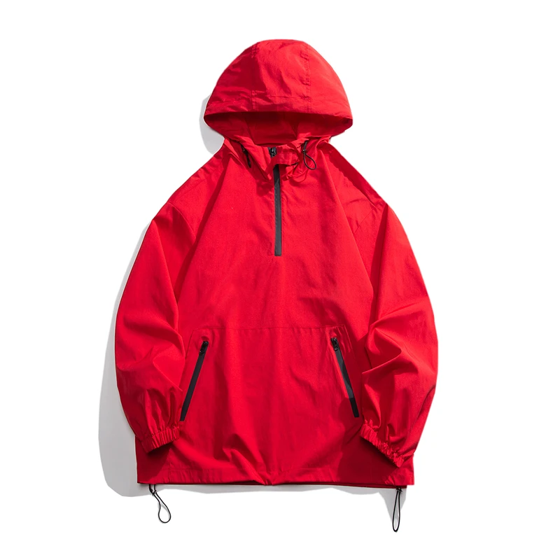 

Ветровка мужская с капюшоном, мешковатая куртка большого размера с передним карманом, пуловер для бега, красная, черная, белая уличная одежда