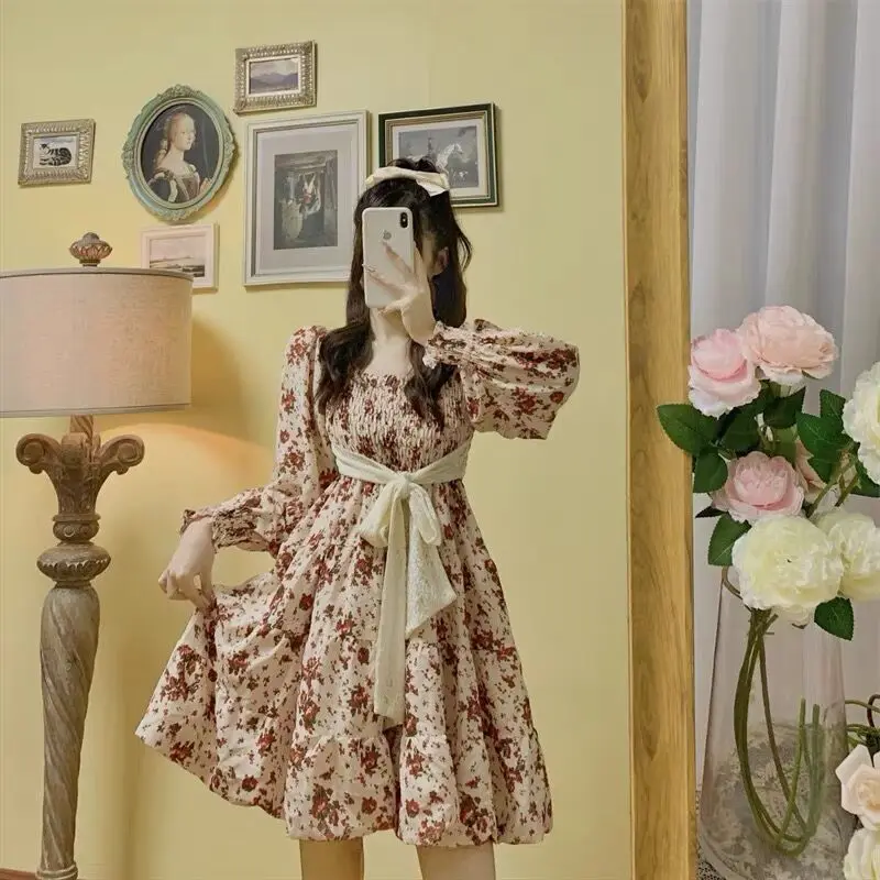 

MINGLIUSILI Bohemian Dress Spring 2022 Womens Fashion Flower Print Midi Dress Casual Elegant Vintage Long Sleeve Lace Clothes