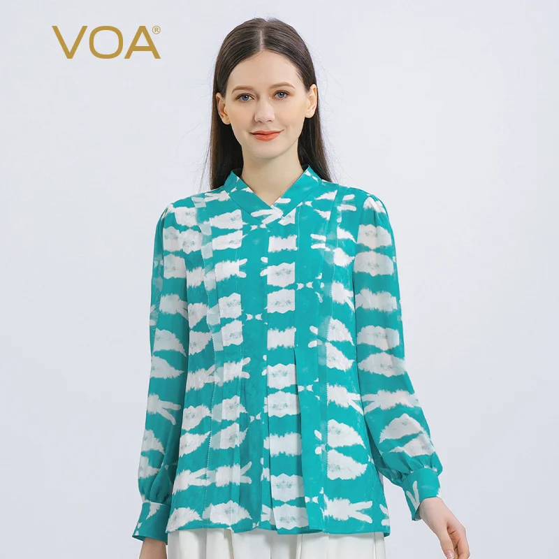 

VOA Silk Jacquard Green V-Neck Printed Stitching Georgette Woman Tshirts Long-sleeved Lady's Literary and Artistic T-shirt BE988