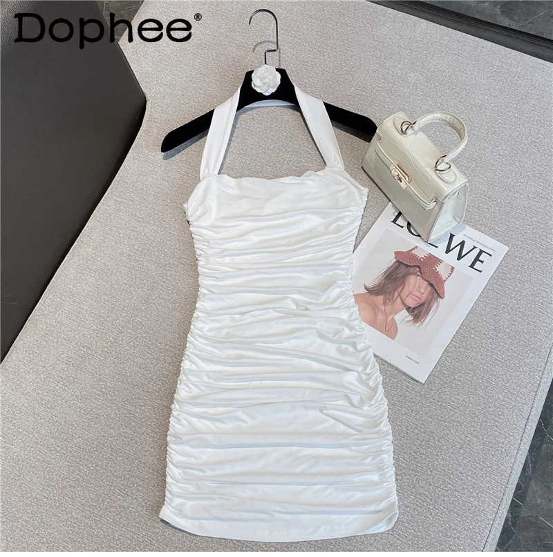 

Женское облегающее платье с лямкой на шее, однотонное Плиссированное Платье-футляр, лето 2022