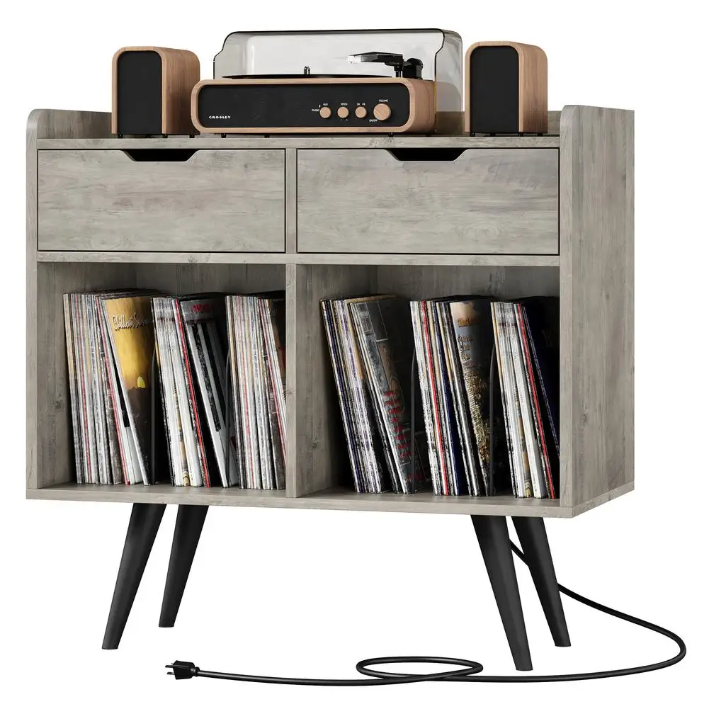 

Record Player Table Stand with Storage Drawers Vinyl Record Table Cabinet with Power Outlet for Living Room Bedroom Office