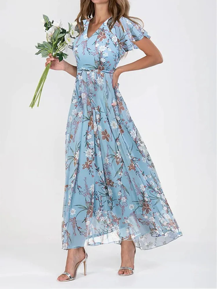 

Summer Floral Dress for Women 2023 New V-Neck Short Sleeve Holiday Beach Dress Sweet Lady Maxi Long Chiffon Dresses