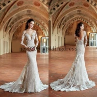 new design autumn vintage lace mermaid wedding dresses crew neck sheer long sleeves lace appliqued sexy low back bridal gowns