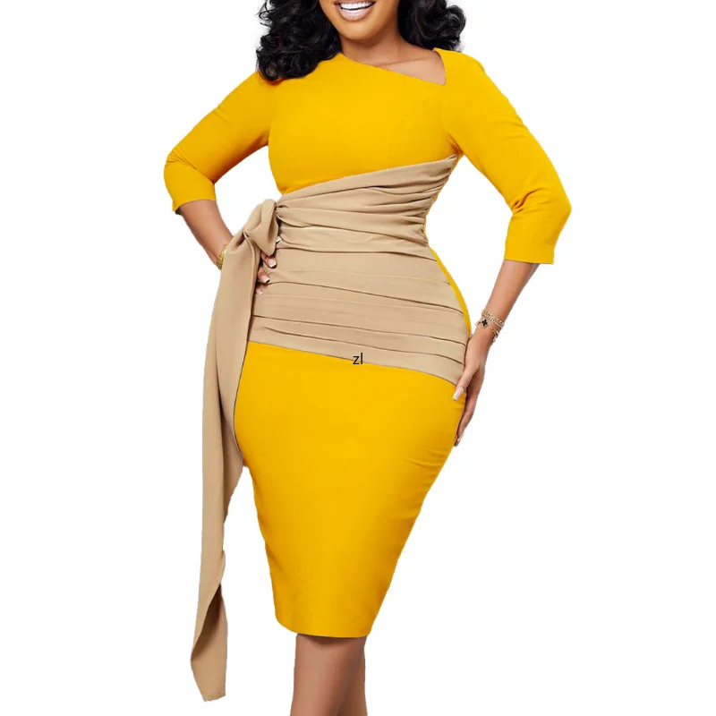 

Autumn Bodycon Midi Dress African Dresses for Women 2022 Elegant Bow High Waist Bandage 3/4 Sleeve Robe Femme African Clothes