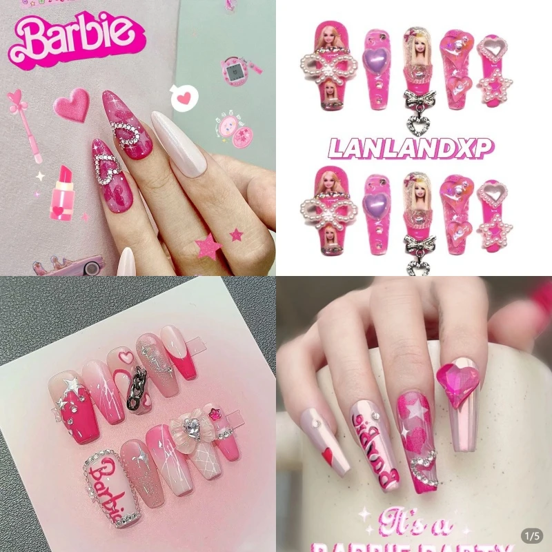 

Cartoon Kawaii Pink Barbie Nail Patch Cute Girl False Nails Anime Nail Stickers Harajuku Style Babes Y2k Detachable Nails New