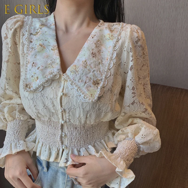 

E GIRLS Woherb Flower Women Crop Blouse Sexy Long Lantern Sleeve Cropped Shirt Female Chic Korean Blouses Elegant Lady Blusas